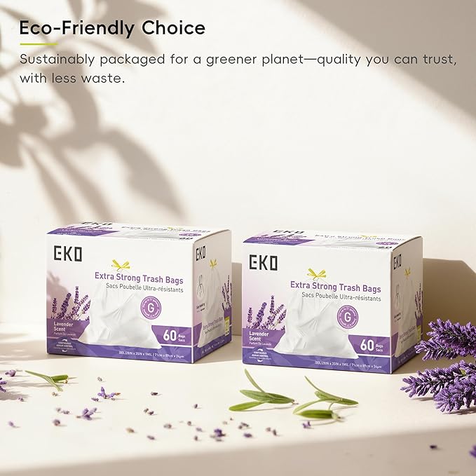 EKO 21 Gallon / 50-90 Liter, 60 Count Drawstring Trash Bags, Extra-Strong Garbage Bags, Lavender Scent with Continuous Odor Control, Easy-Dispense Roll for Kitchen and Household Use, Code G, White