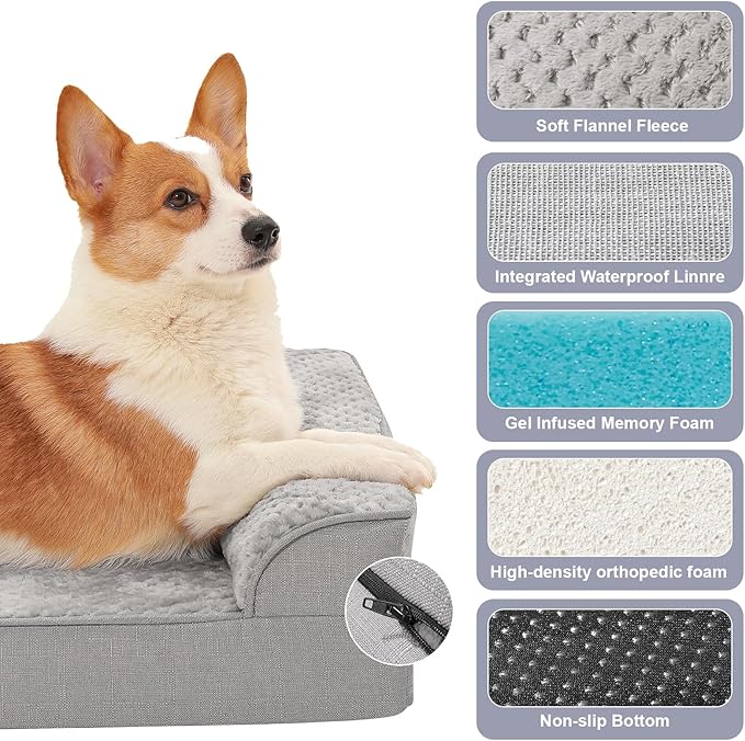 Orthopedic Dog Bed Medium Size Dog, Memory Foam Dogs Bed for Medium Dogs, Washable Removable Cover, Nonskid Bottom, Waterproof, for Indoor, Outdoor, Crate ＆ Car Use, 35x23x6 Inches, Light Grey