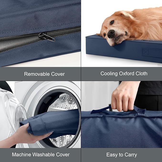 Outdoor XXL Dog Bed Waterproof, Dog Bed for Extra Large Dogs, Orthopedic Egg Crate Foam Pet Bed with Washable Removable Oxford Cooling Cover, 47x29 Inch, Navy