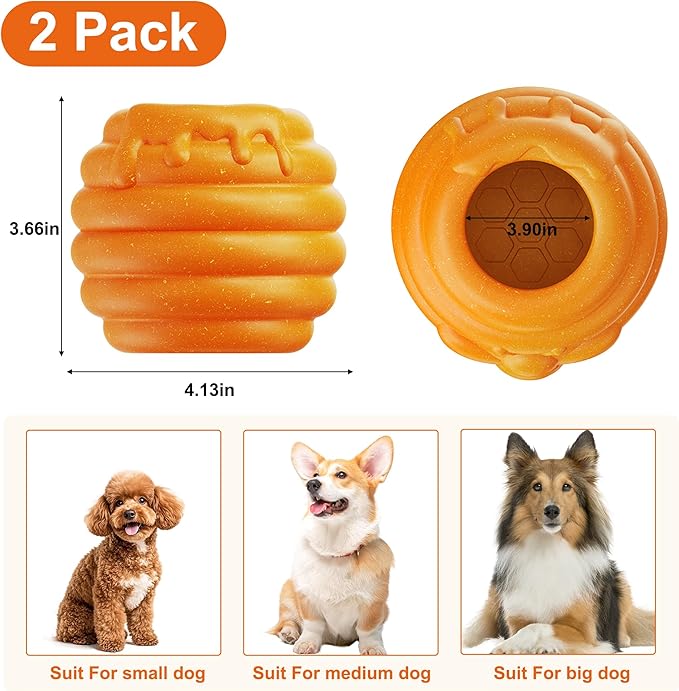 3 in 1 Durable Dog Toys for Aggressive Chewers 2 Pack, Dog Treat Dispenser and Enrichment Toys in Honey Pot Shape, Boredom Killing and Mental Stimulation Toys for Dogs to Keep Them Busy