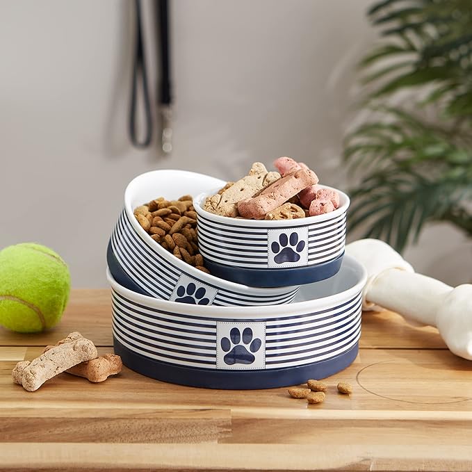 Bone Dry Paw & Patch Ceramic Pet Collection, Small Set, 4.25x2", Nautical Blue, 2 Piece