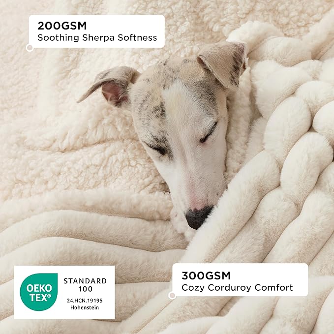 Bedsure ComfyFleece Waterproof Dog Blankets for Large Dogs - Soft Pet Cat Blanket Corduroy Fleece for Couch Protector Washable, Cozy Calming Reversible Furniture Protection,40"x50", Cream