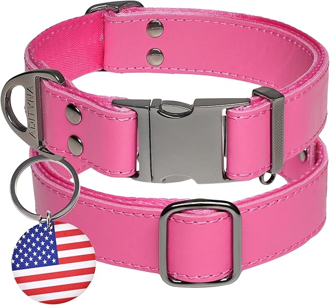 ADITYNA Pink Leather Dog Collar with Metal Buckle - Heavy-Duty, Adjustable for Medium & Large Girl Dogs (Pink, Fits 15-21" Necks)