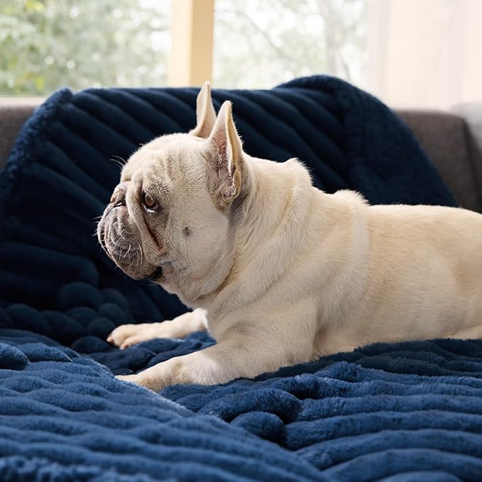 Bedsure ComfyFleece Waterproof Dog Blankets for Medium Dogs - Soft Puppy Cat Blanket Corduroy Fleece Washable, Cozy Calming Reversible Furniture Protection for Pet Kitten Doggy,30"x40", Navy Blue