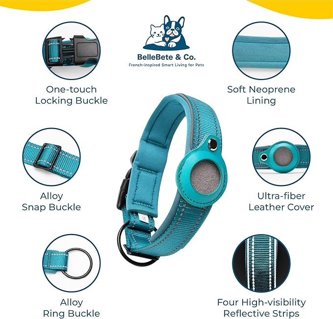 BelleBête & Co. AirTag Dog Collar – Pet Tracking Collar with Patented Anti-Loss Design, Durable and Reinforced Nylon, All-Day Comfort, Stylish Color for Medium and Large Dogs (Black, S: 11.8"-14.6")