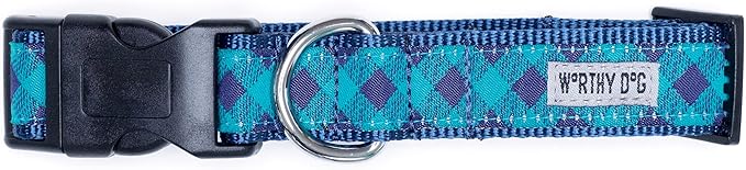 THE WORTHY DOG Collar for Medium Dogs, Adjusts 12-18 inches, Durable Nylon Webbing, Quick Release Buckle, Bias Buffalo Plaid Pattern, Navy/Green, Medium