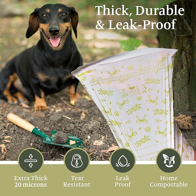 The Gardener’s Daughter Home Compostable Dog Poop Bags - 20 Micron Extra Thick (33% Thicker) - Lavender Scented, 120 Count - TÜV & OK Home Certified - Leak-Proof - Elegant White with Green Ribbon