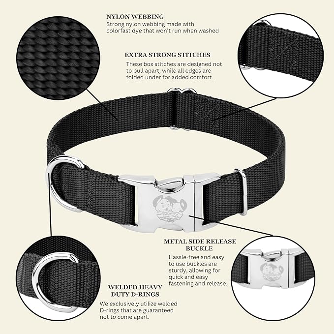 Country Brook Petz - Premium Nylon Dog Collar with Metal Buckle for Small Medium Large Breeds - 10+ Cool Colors (Small, 3/4 Inch, Black)