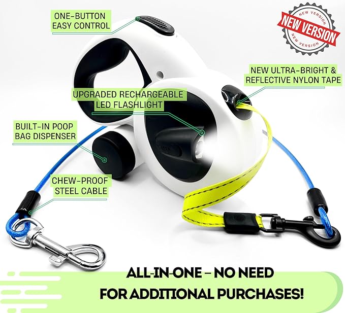 Snuggle Paws Retractable Dog Leash 16ft Heavy-Duty – All-in-One for Medium Dogs up to 66 lbs, LED Flashlight & Reflective Tape, Chew-Proof Cable Extension, No-Tangle 360° Swivel, Poop Bag Holder