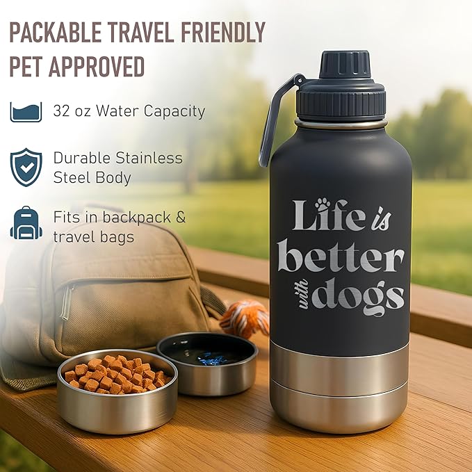 TEEAMORE Life is Better With Dogs Water Tumbler with Bowls Personalized Stainless Steel Travel Bottle Pink