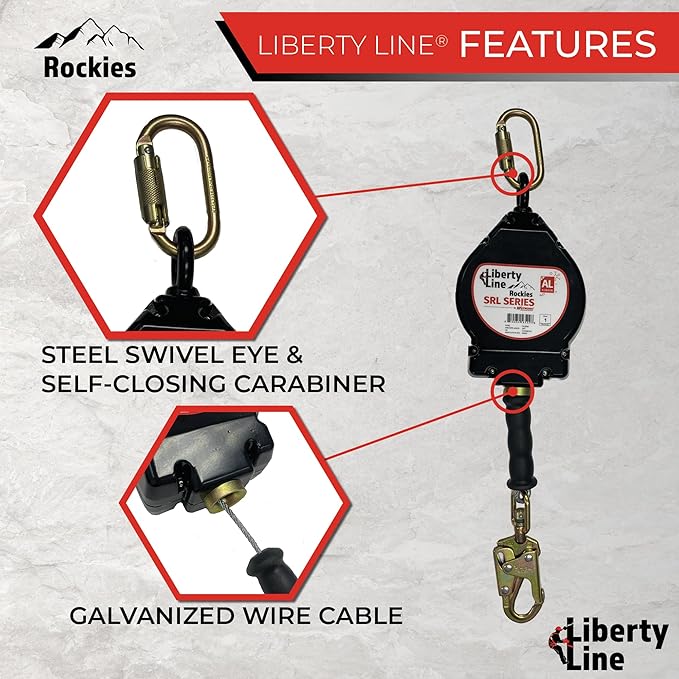 Liberty Line Rockies 20 Foot Aluminum Housing Cable SRL with Snap Hook - Includes Installation Carabiner and Tagline (ANSI)