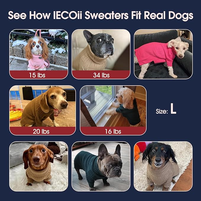 IECOii Dog Sweaters for Medium Dogs Girl Boy,Holiday Knit Doggy Sweatshirt with Sleeve,Turtleneck Thick Warm Dog Sweaters for Winter,Pullover Knitwear for French Bulldog,Boston Terrier (Caramel, L)