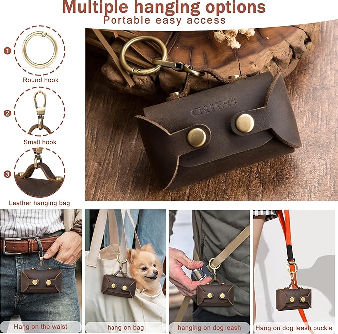 Handmade Leather Dog Poop Bag Dispenser - Stylish and Durable with Belt Attachment for Dog Walkers, Featuring a Brass Metal Clip in Coffee