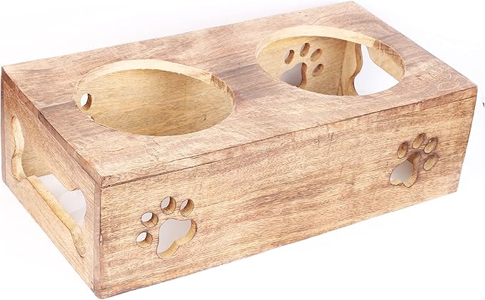 Paw Design Wooden Pet Feeder Station Stand with 2 Stainless Steel Bowls | Raised Dog Bowl Elevated Cat & Puppy Dining Table | 16 x 8.5 x 5 Inches
