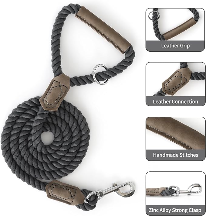 Mile High Life Dog Leash, Braided Cotton Rope Leashes with Leather Handle - Heavy Duty Metal Clasp, 6FT, 1/2" Thick - Wedding, Walking & Training Leash for Small Medium Large Dogs (Gray)