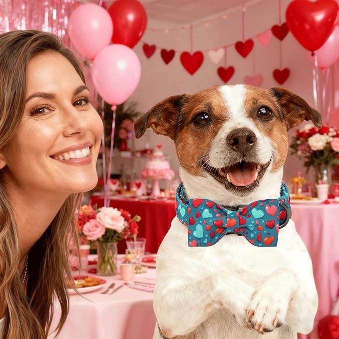 Lionheart glory Dog Bow Collar - Valentine's Day Dog Collar with Bowtie Soft Adjustable Blue Hearts Collars for Large Dogs Spring Holiday Cute Collars