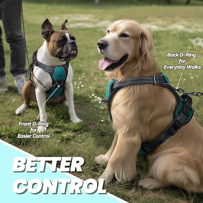 VIVAGLORY Dog Harness Easewalk No Pull Dog Harness with Handle Front Clip & Back Clip for Training Walking Lifting, No Pull Adjustable Easy On Padded Comfortable for Pet, XL, Hunter Teal - Plain