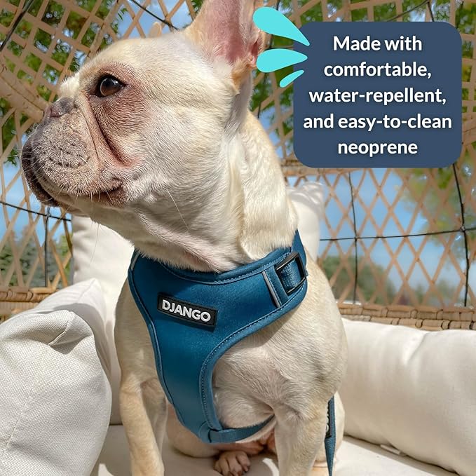 DJANGO Adventure Dog Harness - Stylish and Durable Large Dog Harness for Outdoor Adventures and Everyday Wear - Indigo Blue Neoprene Adjustable Harness for Dogs with Reflective Piping & Brass D-Ring