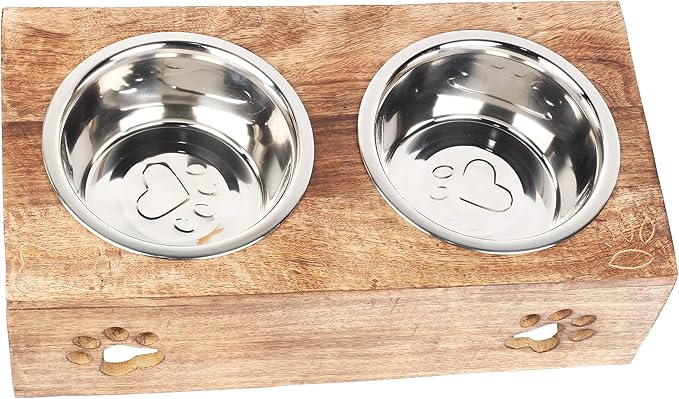 Paw Design Wooden Pet Feeder Station Stand with 2 Stainless Steel Bowls | Raised Dog Bowl Elevated Cat & Puppy Dining Table | 16 x 8.5 x 5 Inches