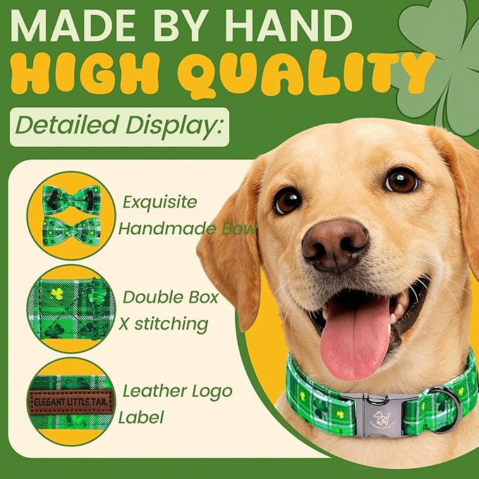 Elegant little tail St Patrick's Dog Collar - Green Plaid Lucky Clover Cotton Shamrock Pet Collar Bowtie Cute Collars with Bow Adjustable Pet Collars for X-Large Dogs