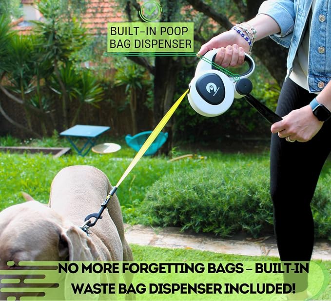 Snuggle Paws 16ft Retractable Dog Leash – All-in-One with LED Flashlight, Poop Bag Holder, Heavy Duty Chew-Proof Steel Cable & Reflective Tape – Compact, No-Tangle Leash for Small Dogs up to 44 lbs