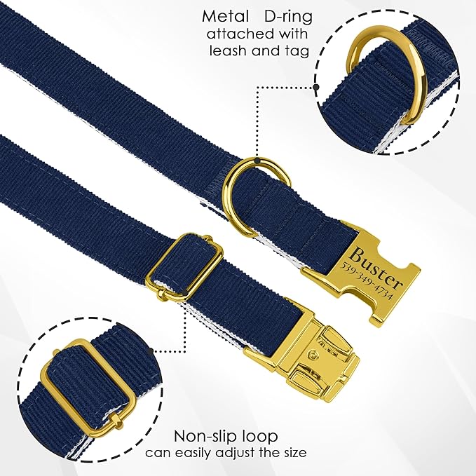 Personalized Dog Collar with Gold Metal Buckle, Velvet Custom Dog Collars for Small, Medium & Large Dogs – Puppy Collars with Metal Buckle, 4 Sizes, 8 Colors (Blue, L, 15"-19")