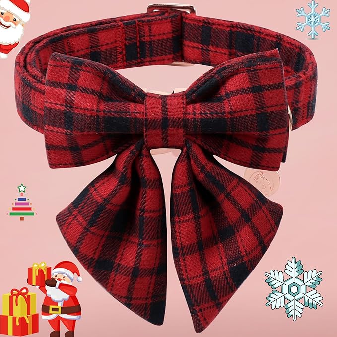 DOGWONG Christmas Dog Collar with Sailor Bow Tie, Red Plaid Dog Collar Durable Metal Buckle Adjustable Red Gingham Dogs Collars for Small Medium Large Dogs, M