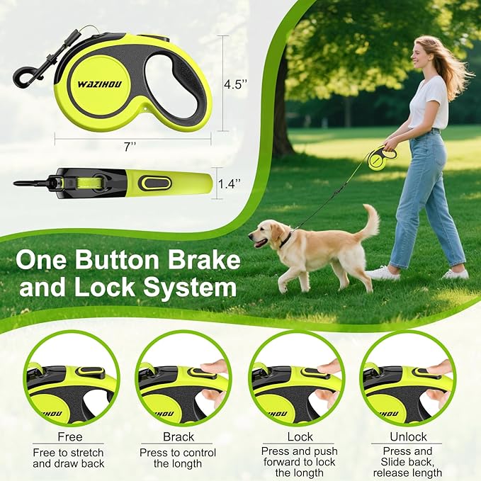 Upgraded Retractable Dog Leash 16.4ft' - Heavy Duty Reflective Retractable Leash with Anti-Slip Soft Grip - Detachable Poop Bag and Chew Proof Cable Included Small Medium Large Dogs up to 66 lbs