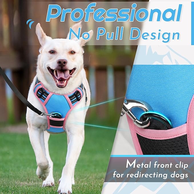 Eagloo Dog Harness for Large Dogs, No Pull Service Vest with Reflective Strips and Control Handle, Adjustable and Comfortable for Walking, No Choke Pet Harness with 2 Metal Rings, Pink & Blue, XL