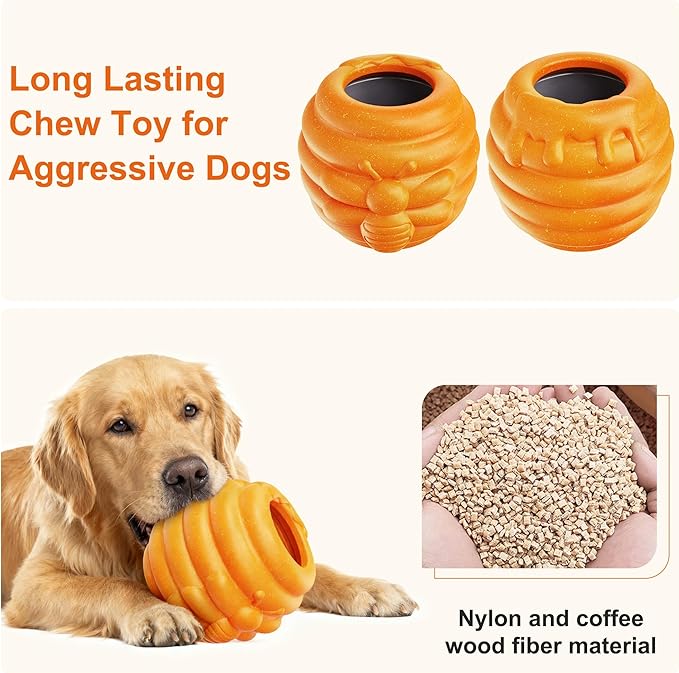 3 in 1 Durable Dog Toys for Aggressive Chewers 2 Pack, Dog Treat Dispenser and Enrichment Toys in Honey Pot Shape, Boredom Killing and Mental Stimulation Toys for Dogs to Keep Them Busy
