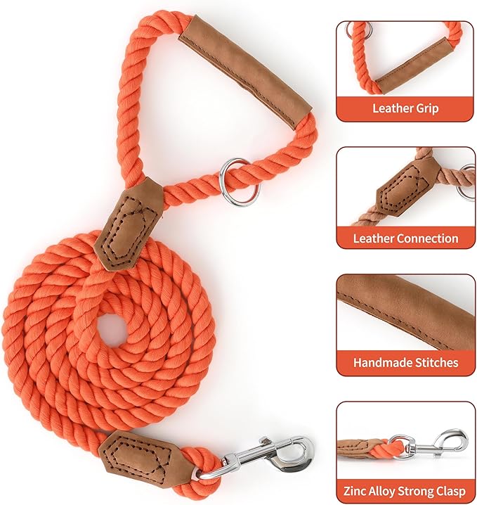 Mile High Life Dog Leash, Braided Cotton Rope Leashes with Leather Handle - Heavy Duty Metal Clasp, 5FT, 1/2" Thick - Wedding, Walking & Training Leash for Small Medium Large Dogs (Orangeade)