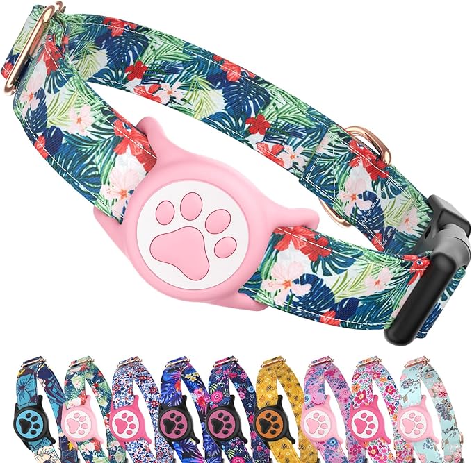WhoseID Airtag Dog Collar,with Waterproof airtag Holder，Original Stylish Cute Pattern Design.QR Code ID Buckle，Comfortable Soft Cotton for Small Medium Large Dogs