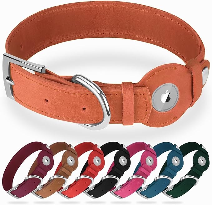 Leather Dog Collar with Airtag Holder - Apple Air Tag Dog Collars - Soft Tracking GPS Pet Collar for Small Medium Large Dogs Breed Puppy (Tawny, S, 9"-12" Neck Fit)