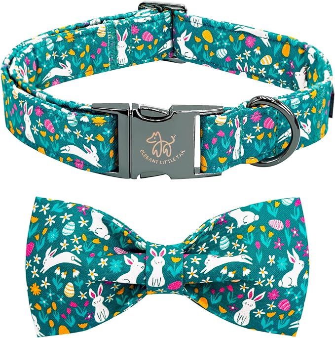 Elegant little tail Easter Dog Collar, Bunny Print Puppy Collars with Bow Girl Boy Pet Collar Bowtie Spring Holiday Pet Collars Adjustable Dog Collar for Large Dogs