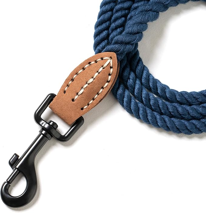 Mile High Life Dog Leash, Braided Cotton Rope Leashes with Leather Tip - Heavy Duty Metal Clasp, 5FT, 1/3" Thick - Wedding, Walking Leash for Small Medium Puppy(Navy)