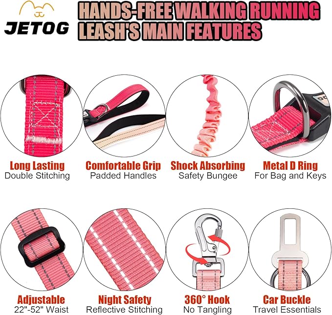 Heavy Duty Hands Free Dog Leash, 4-6 FT Reflective Adjustable Waist Dog Leash Belt with Padded Handles, Shock Absorbing Bungee and Car Seat Belt for Large Medium Dogs (Gradient Rose, L)