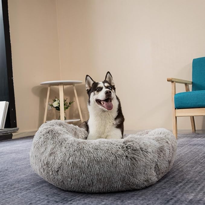 Coohom Oval Calming Donut Cuddler Dog Bed,Shag Faux Fur Cat Bed Washable Round Pillow Pet Bed(30"/36"/43") for Medium Dogs (XL(36"x27"x7"),Light Brown)