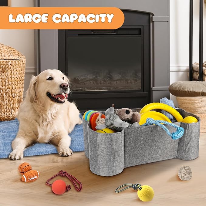Lukeline Large Dog Toy Basket, Bone Shape Dog Toy Storage Box, Foldable Fabric Storage Bin for Pet toys and Pet Supplies, 26.4 * 12.6 * 9.5 Inches (2 Pack-Grey)