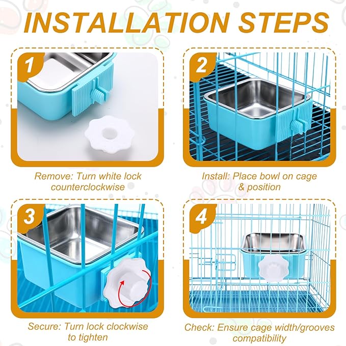Crate Dog Bowl, Removable Stainless Steel Pet Cage Hanging Anti-Overturn Food Water Feeder Cage Cup (2Pcs, Square, Pink/Green, 17.7oz), Intended for Puppies/Cat/Rabbit/Bird