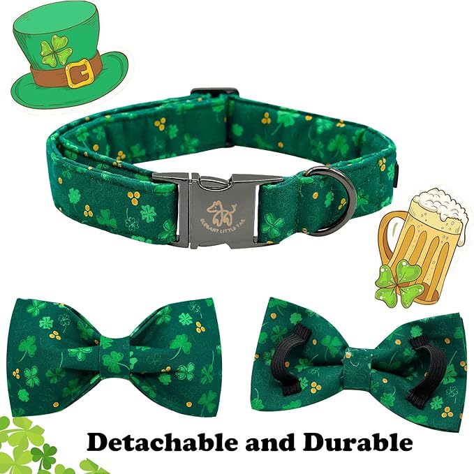 Elegant little tail St. Patrick's Dog Collar, Green Clover Print Sturdy Soft Dog Collars Pet Gift Puppy Bowtie Adjustable Pet Collars for X-Large Dogs