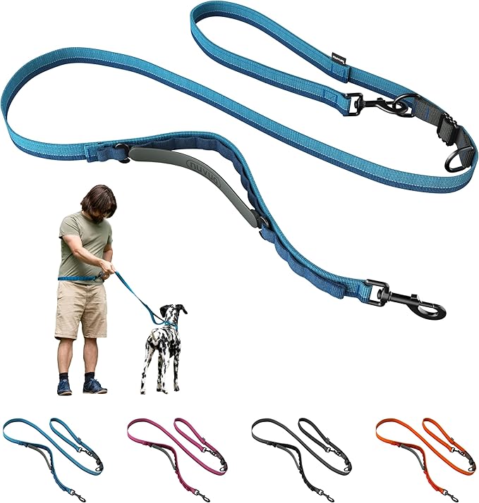 Hands Free Dog Leash - Waist Leash for Walking and Hiking with Medium and Large Dogs, Adjustable 4 to 6 FT Bungee Lead with Traffic Handle by Nuvuq (18-120 lbs, Blue)