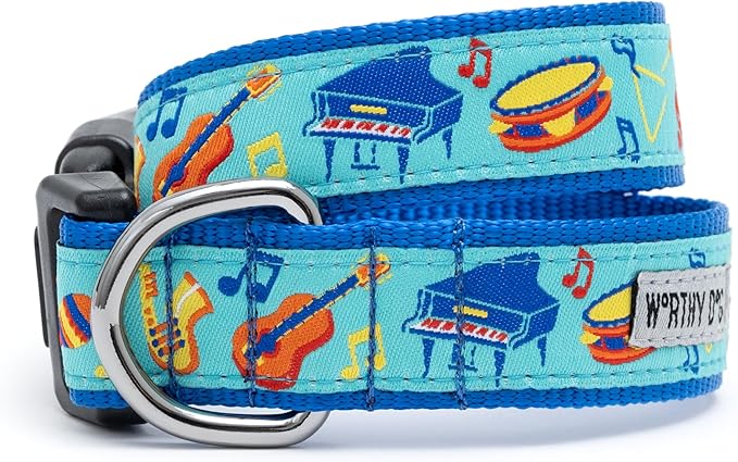 THE WORTHY DOG Collar for Small Dogs, Adjusts 9-15 inches, Durable Nylon Webbing, Quick Release Buckle, Music Pattern, Blue, Small