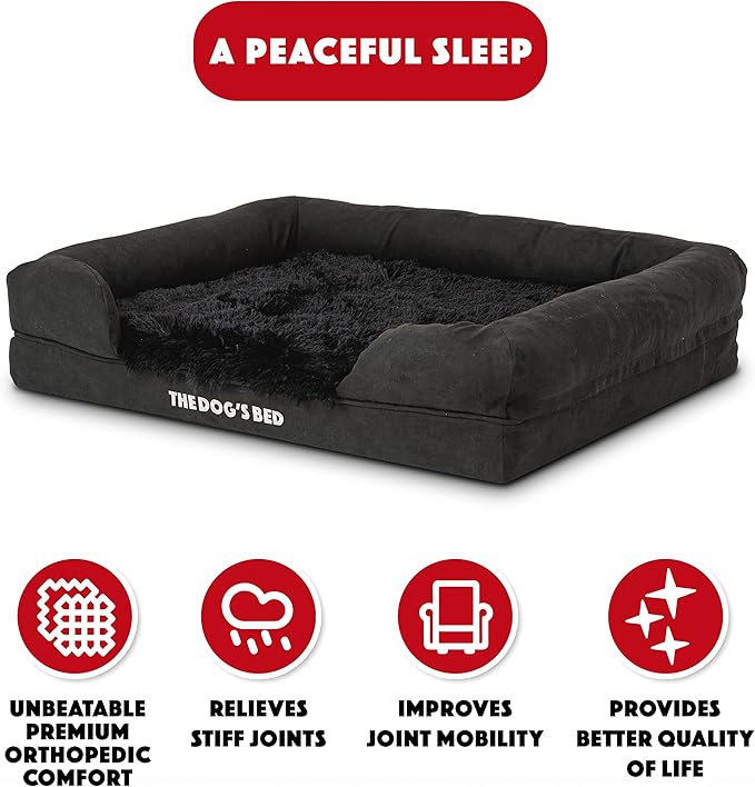 The Dog’s Bed Orthopedic Memory Foam Dog Bed with Bolsters, Fur Fabric, Black Fur, Medium