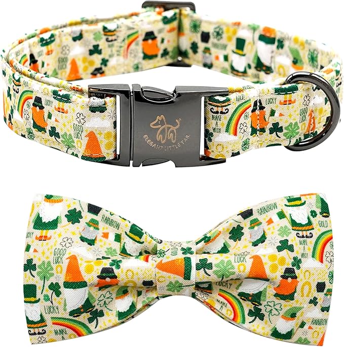 Elegant little tail St. Patrick's Dog Collar, Green Clover Print Sturdy Soft Dog Collars Pet Gift Puppy Bowtie Adjustable Pet Collars for Small Dogs