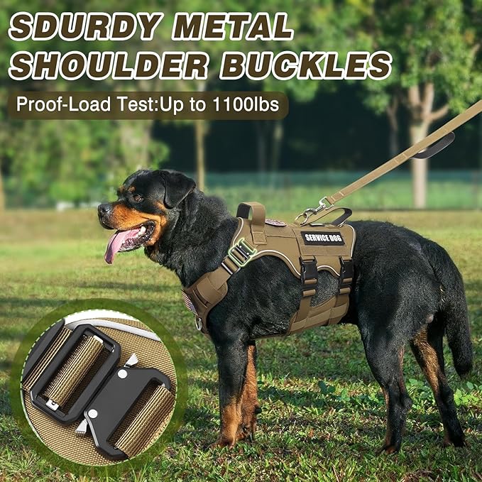 Service Dog Vest and Leash Set,Heavy Duty Tactical Dog Harness with Metal Buckles for Large Dogs,Adjustable No-Pull Dog Harness with 10 Patches,for Training Working,Brown XL