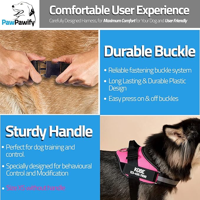 PawPawify Custom No Pull Dog Harness with Name and Phone Number, Heavy Duty Personalized Pet Vest to Prevent Tugging, Pulling, or Choking, Training and Walking (Camouflage Navy, XS (5-9LBS))