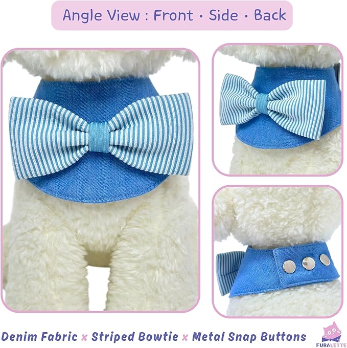 Denim Dog Bandana – Striped Bowtie, Soft & Durable Pet Scarf with Adjustable Metal Snap Buttons for Dogs & Cats (Blue, Medium)