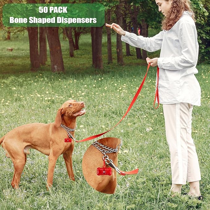 50 Pcs Bone Shape Dog Poop Bag Dispenser with Leash Hook Plastic Leak Proof Pet Waste Bag Holder for Walking Hiking Camping, 5 Colors