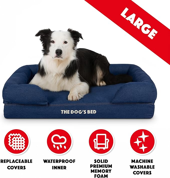 The Dog’s Bed Orthopedic Memory Foam Dog Bed with Bolsters, Oxford Fabric, Blue Denim, Large