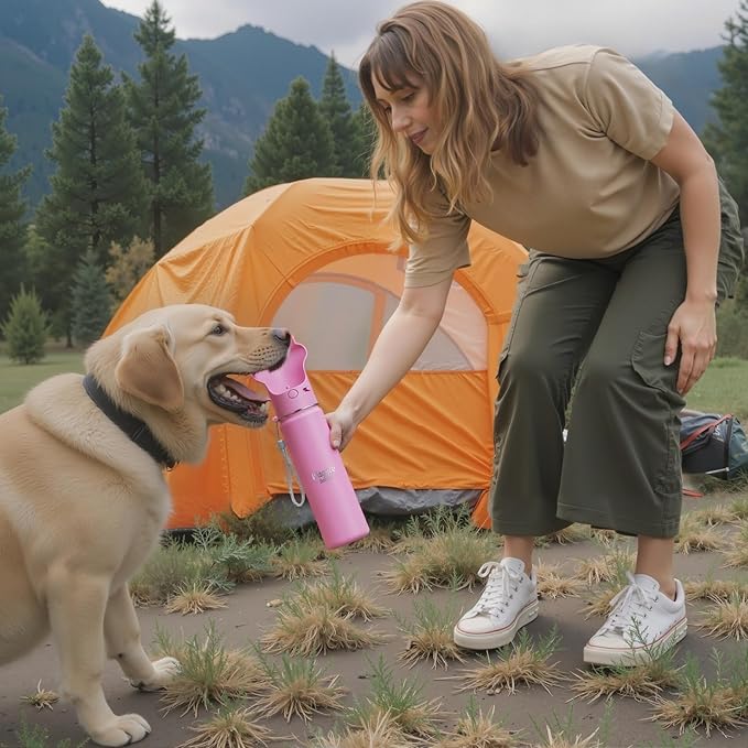 Stainless Steel Dog Travel Water Bottle, Vacuum Insulated Portable Dog Water Dispenser, Drink Cup and Snack Container On The Go, Outdoor Walking, Hiking, Travel (Pink, 22oz)